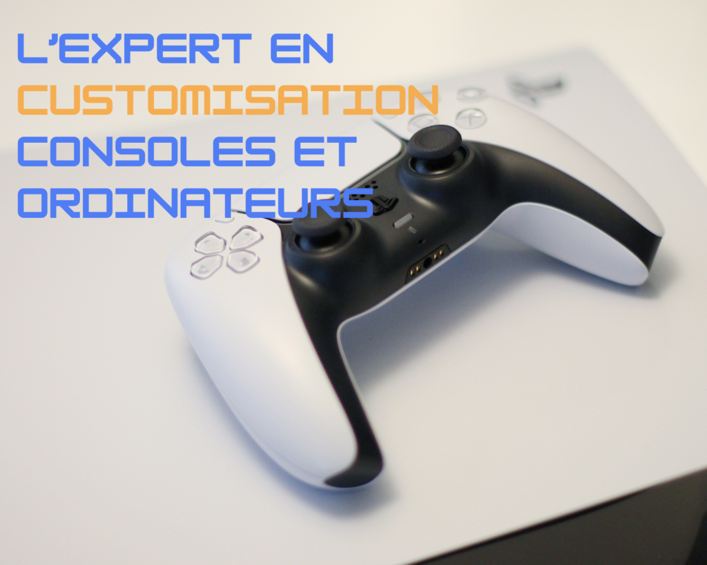 montage photo console ps5 avec une manette et description de l'image