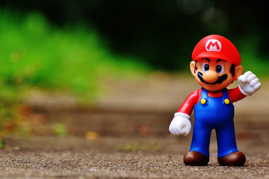 Personnage mario à droite avec en arrière-plan de la nature